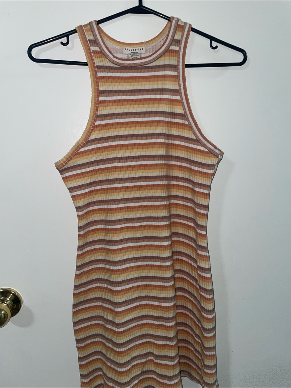 Billabong Striped Ribbed Tank Dress in Mustard, Brown & Cream